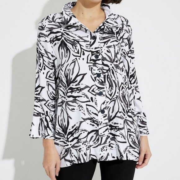 Joseph Ribkoff Blouse Plus Size 20 Black Vanilla Floral Trapeze Button Up Front - Picture 1 of 13